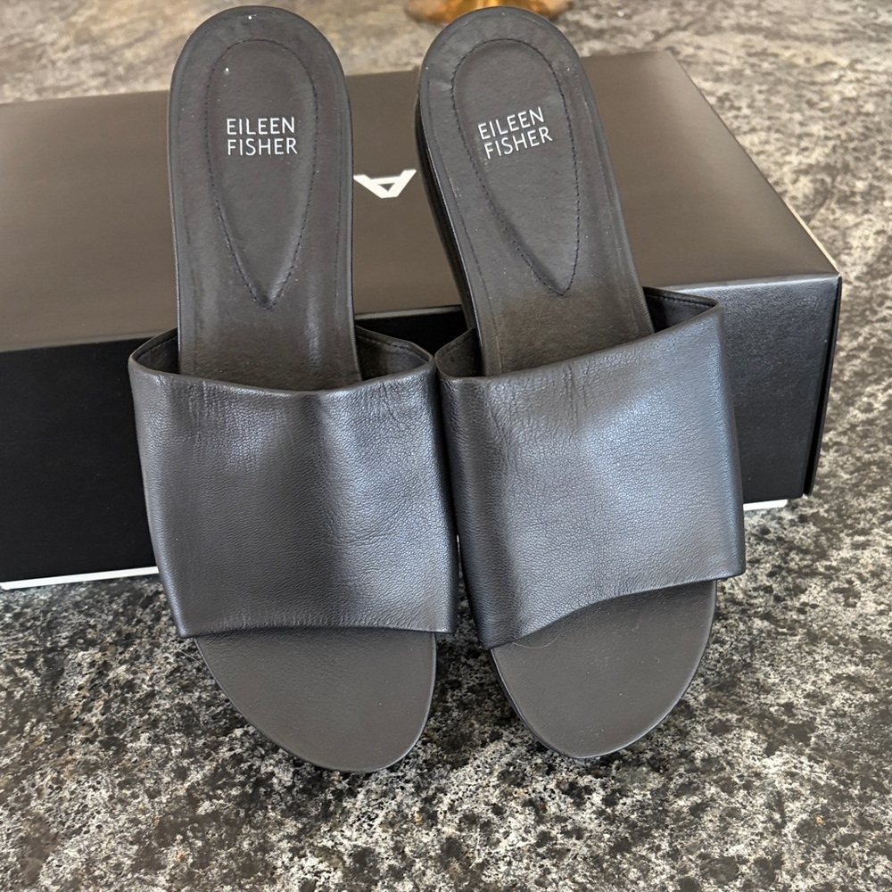 Eileen Fisher Black Leather Slide Mules
